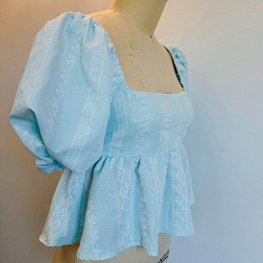 Dee Elly Pale Blue/Mint Embroidered Peplum, Square Neck Bubble Sleeve Top, Small